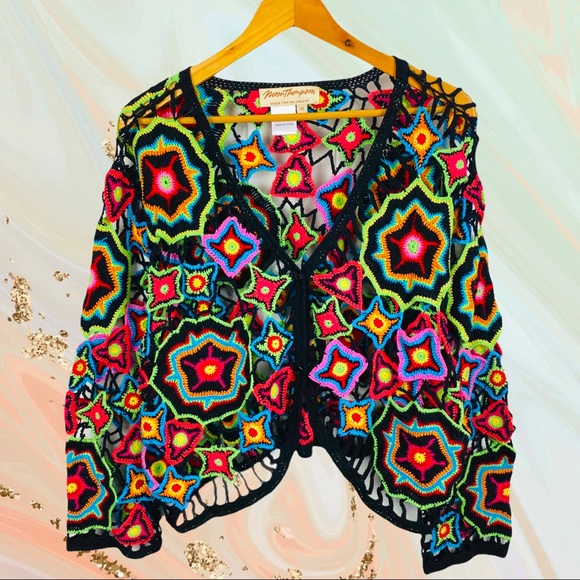 Vintage Sweaters - Vintage 80’s Crochet Knit Rainbow Grandma Cardigan